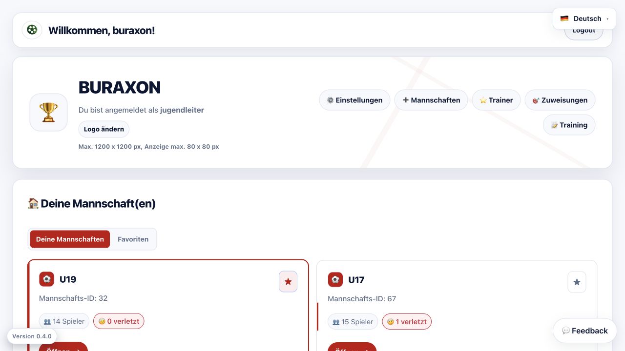 Echte ScoutApp-Dashboardaufnahme mit Vereinsbereich, Mannschaftskarten und Favoriten.