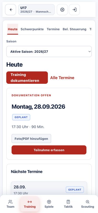 Echte mobile ScoutApp-Aufnahme der Trainingsansicht vom 28. September 2026.
